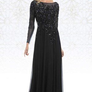 FerianiCouture Long Sleeve Beaded Illusion A-Line Evening Gown